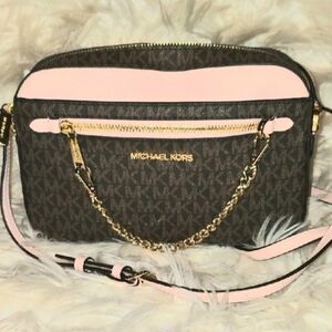 Michael Kors Dark Brown and Light Pink Crossbody Bag
